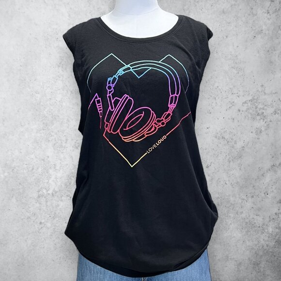 LoveLoud Unisex Tank Top with Headphones and Heart Rainbow Graphic - Picture 1 of 8